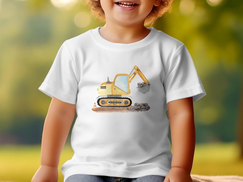 Kinder T-Shirt mit Bagger-Motiv, Gelber Bagger Druck, Jungen Baumwollshirt, Geschenk für Kleinkinder, Baustellen-Shirt, Spielzeugmotiv image 2