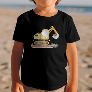 Kinder T-Shirt mit Bagger-Motiv, Gelber Bagger Druck, Jungen Baumwollshirt, Geschenk für Kleinkinder, Baustellen-Shirt, Spielzeugmotiv Black