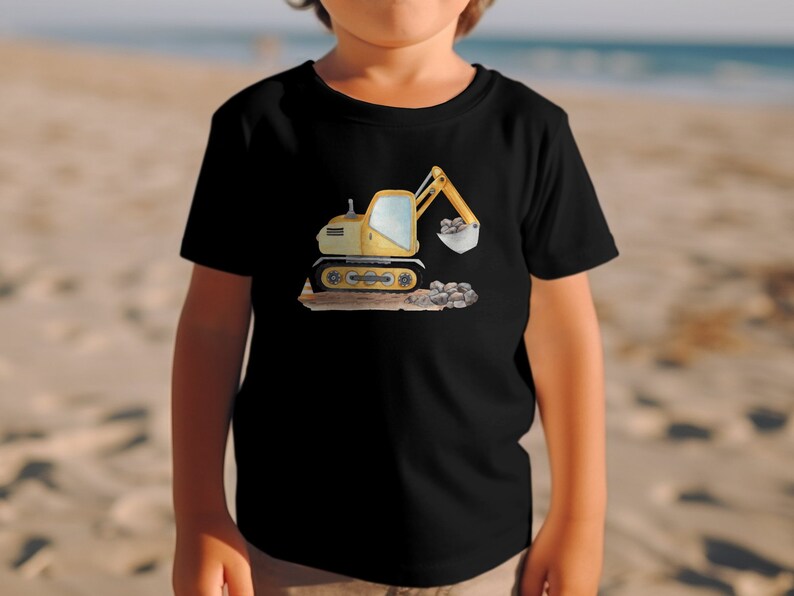 Kinder T-Shirt mit Bagger-Motiv, Gelber Bagger Druck, Jungen Baumwollshirt, Geschenk für Kleinkinder, Baustellen-Shirt, Spielzeugmotiv Black