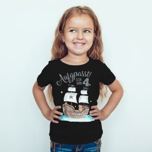 Mikalino Kinder T-Shirt Aufgepasst ! Ich bin 4 - Pirat Kurzarm Shirt für Jungen und Mädchen | Geschenkidee