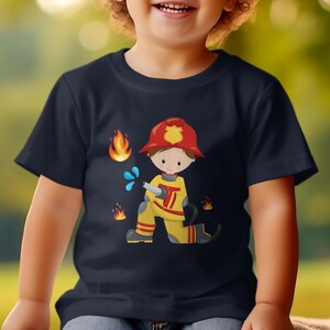 Kinder T-Shirt Feuerwehrmann Cartoon, Lustiges Beruf Kostüm Design, Geschenk für Jungen und Mädchen Navy
