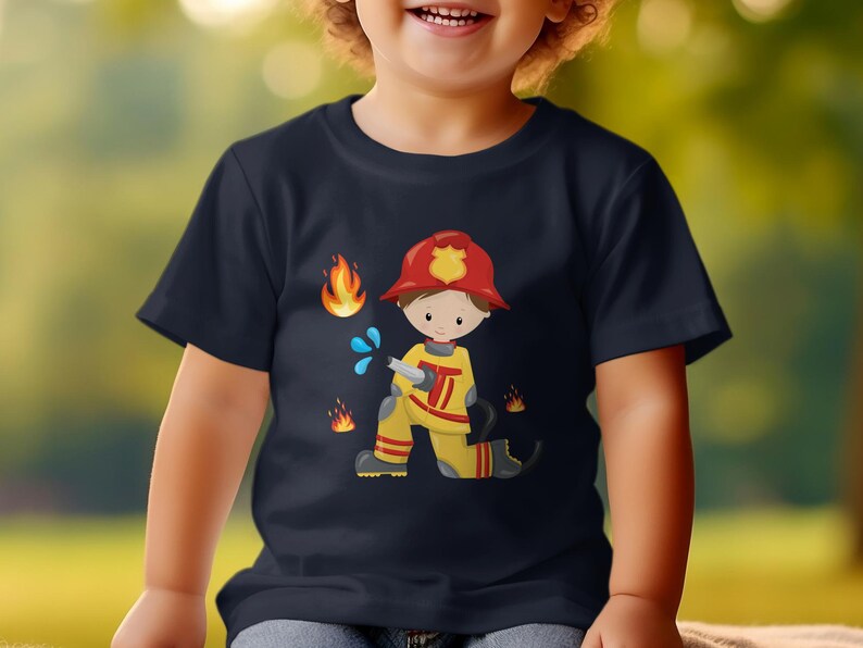 Kinder T-Shirt Feuerwehrmann Cartoon, Lustiges Beruf Kostüm Design, Geschenk für Jungen und Mädchen Navy