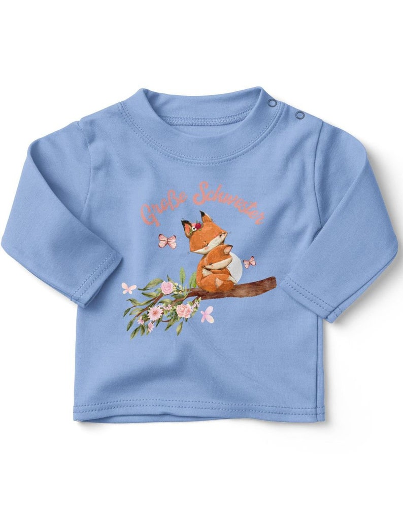 Mikalino Baby / Kinder Longsleeve mit Spruch für Jungen Mädchen Unisex langarm Große Schwester Fuchs handbedruckt in Deutschland sky