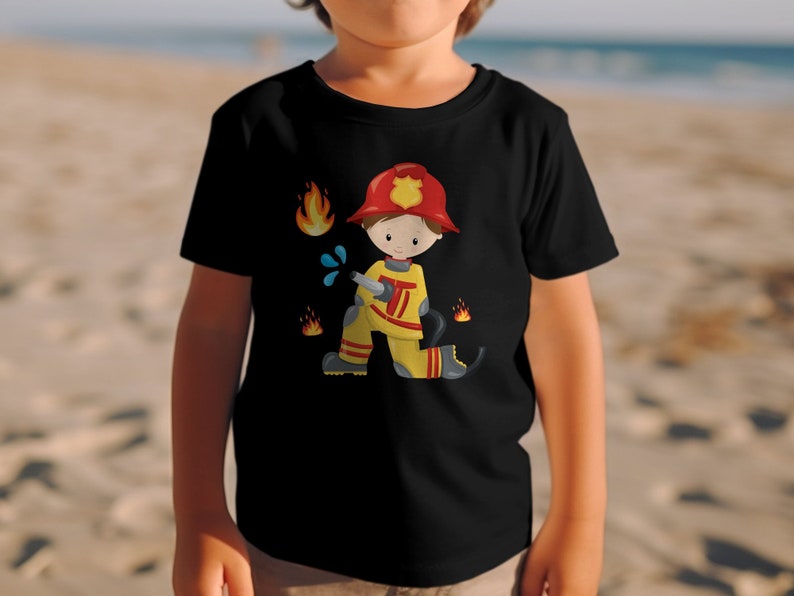 Kinder T-Shirt Feuerwehrmann Cartoon, Lustiges Beruf Kostüm Design, Geschenk für Jungen und Mädchen Black