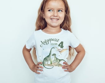 Mikalino Kinder T-Shirt Aufgepasst ! Ich bin 4 - Dinosaurier Kurzarm Shirt für Jungen und Mädchen | Geschenkidee