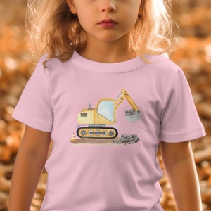 Kinder T-Shirt mit Bagger-Motiv, Gelber Bagger Druck, Jungen Baumwollshirt, Geschenk für Kleinkinder, Baustellen-Shirt, Spielzeugmotiv Pink