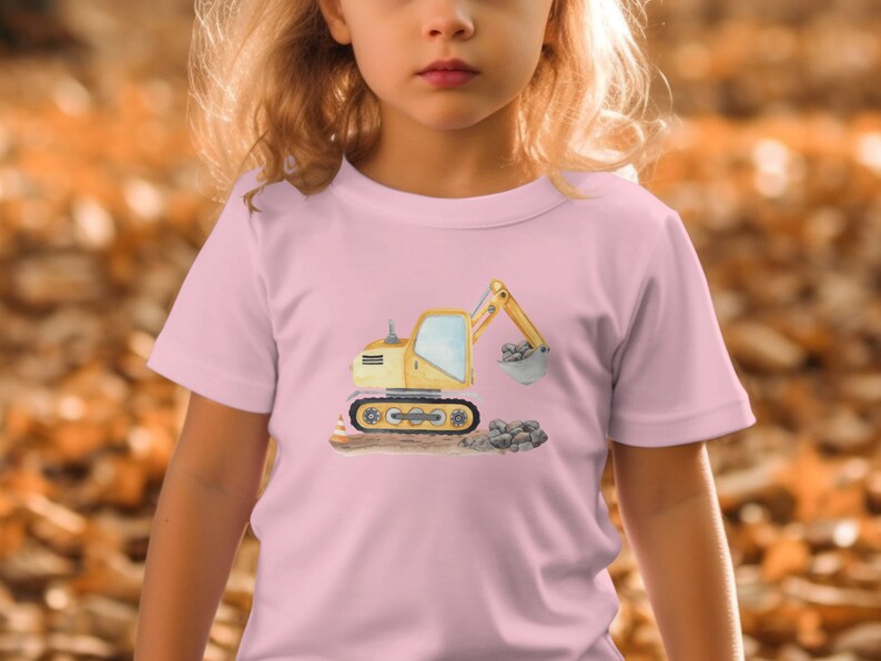 Kinder T-Shirt mit Bagger-Motiv, Gelber Bagger Druck, Jungen Baumwollshirt, Geschenk für Kleinkinder, Baustellen-Shirt, Spielzeugmotiv Pink