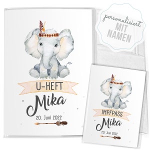 Mikalino Hülle für U-Heft und Impfpass Set 3-teilig personalisiert Niedlicher Elefant mit Stirnband und Feder (Name, Datum)