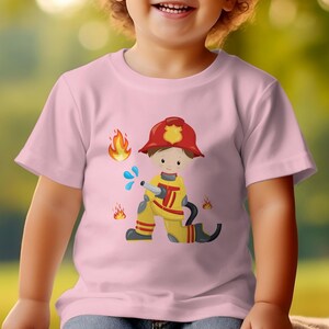 Kinder T-Shirt Feuerwehrmann Cartoon, Lustiges Beruf Kostüm Design, Geschenk für Jungen und Mädchen Pink