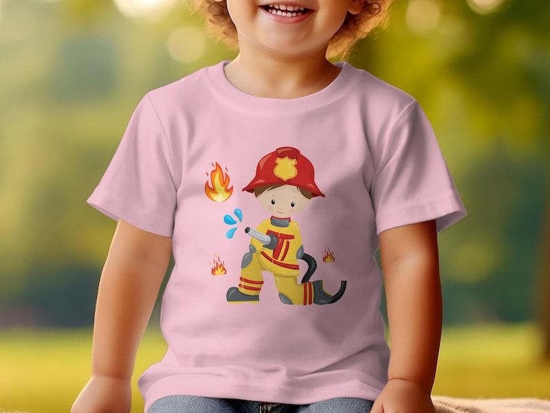 Kinder T-Shirt Feuerwehrmann Cartoon, Lustiges Beruf Kostüm Design, Geschenk für Jungen und Mädchen Pink