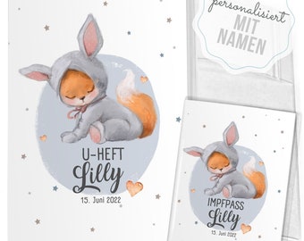 Mikalino Hülle für U-Heft und Impfpass Set 3-teilig personalisiert Niedlicher schlafender Fuchs blau  (Name, Datum) Untersuchungsheft