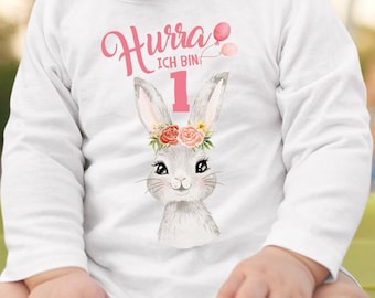 Mikalino Baby / Kinder Longsleeve mit Spruch Hurra ich bin Eins 1 Süßes Motiv zum ersten Geburtstag mit Hase Langarm  | Geschenkidee