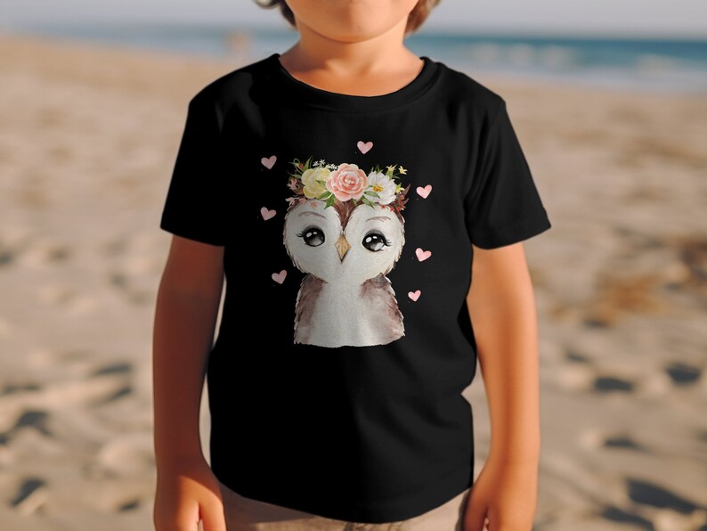 Kinder T-Shirt mit niedlicher Eule, Blumenkranz Motiv, Geschenk für Mädchen, Baumwolle, Größen 92-128 Bild 8