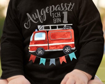 Mikalino Baby / Kinder Longsleeve mit Spruch Aufgepasst ich bin Eins 1 Feuerwehrauto Langarm  | Geschenkidee