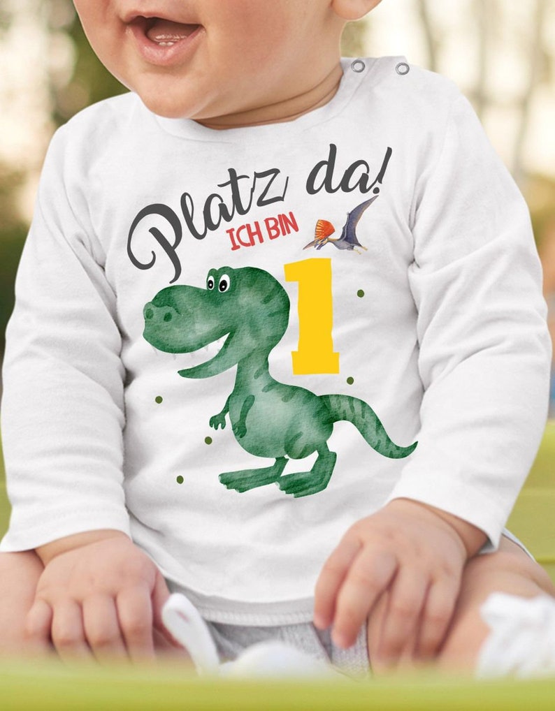 Mikalino Baby / Kinder Longsleeve mit Spruch Platz Da ich bin Eins 1 Dinosaurier T-Rex mit Flugsaurier Langarm Geschenkidee Bild 1