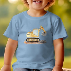 Kinder T-Shirt mit Bagger-Motiv, Gelber Bagger Druck, Jungen Baumwollshirt, Geschenk für Kleinkinder, Baustellen-Shirt, Spielzeugmotiv Light Blue