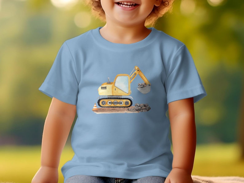 Kinder T-Shirt mit Bagger-Motiv, Gelber Bagger Druck, Jungen Baumwollshirt, Geschenk für Kleinkinder, Baustellen-Shirt, Spielzeugmotiv Light Blue