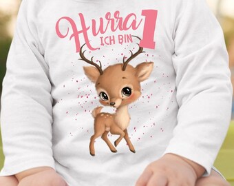 Mikalino Baby / Kinder Longsleeve mit Spruch Ich bin Eins 1 Süßes Rehkitz Langarm  | Geschenkidee