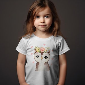 Kinder T-Shirt mit niedlicher Eule, Blumenkranz Motiv, Geschenk für Mädchen, Baumwolle, Größen 92-128 Bild 7