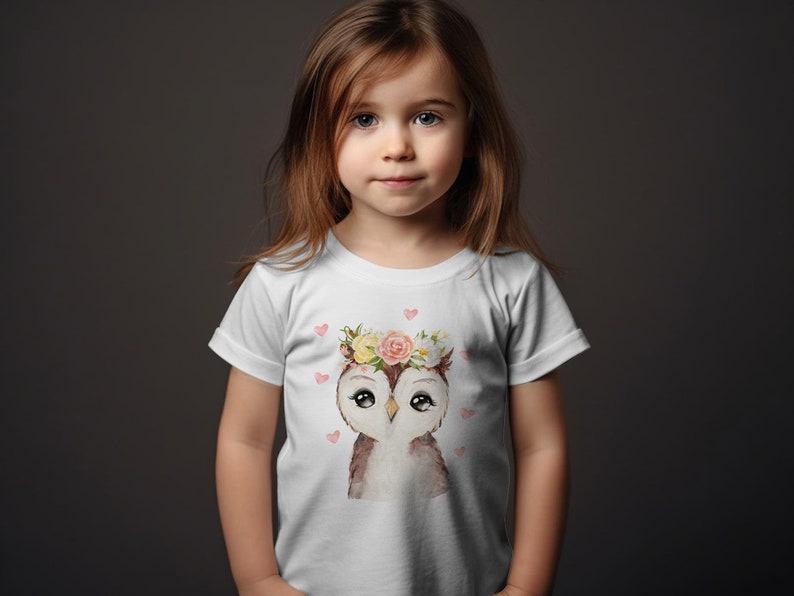 Kinder T-Shirt mit niedlicher Eule, Blumenkranz Motiv, Geschenk für Mädchen, Baumwolle, Größen 92-128 Bild 7