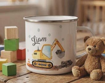 Emaille Tasse Baustellenfahrzeuge personalisiert mit Namen | Kindertasse Bagger Weihnachtsgeschenk Geburtstagsgeschenk Kindergartentasse