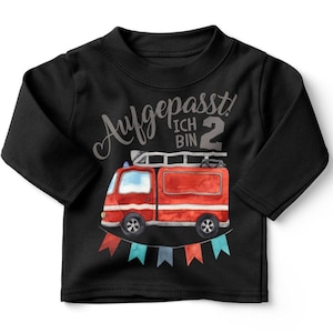 Mikalino Baby / Kinder Longsleeve mit Spruch Aufgepasst ich bin Zwei 2 Feuerwehrauto Langarm Geschenkidee schwarz