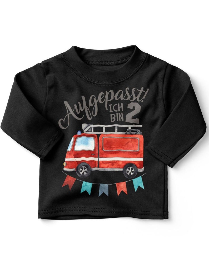 Mikalino Baby / Kinder Longsleeve mit Spruch Aufgepasst ich bin Zwei 2 Feuerwehrauto Langarm Geschenkidee schwarz