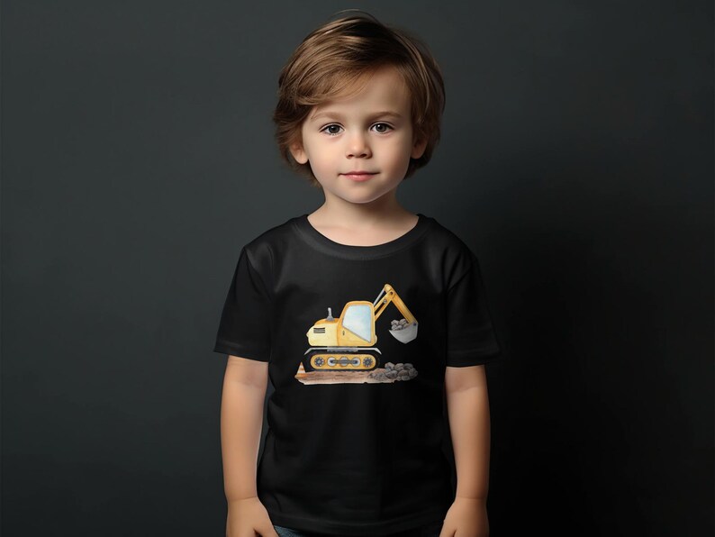 Kinder T-Shirt mit Bagger-Motiv, Gelber Bagger Druck, Jungen Baumwollshirt, Geschenk für Kleinkinder, Baustellen-Shirt, Spielzeugmotiv image 8