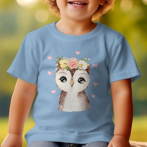 Kinder T-Shirt mit niedlicher Eule, Blumenkranz Motiv, Geschenk für Mädchen, Baumwolle, Größen 92-128 Bild 4