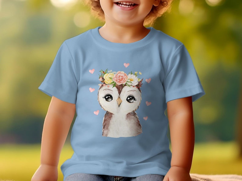 Kinder T-Shirt mit niedlicher Eule, Blumenkranz Motiv, Geschenk für Mädchen, Baumwolle, Größen 92-128 Bild 4