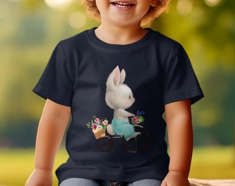 Kinder T-Shirt mit niedlichem Hasen auf Fahrrad, Blumenillustration, Unisex Shirt für Kinder, Sommer Shirt, Süßes Kinder Geschenk