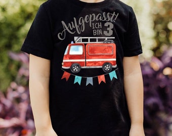 Mikalino Kinder T-Shirt Aufgepasst ich bin Drei 3 Feuerwehrauto Kurzarm Shirt | Geschenkidee