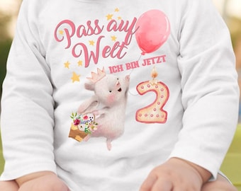 Mikalino Baby / Kinder Longsleeve mit Spruch Pass auf Welt Ich bin jetzt Zwei 2 Hase mit Herzluftballon Langarm  | Geschenkidee