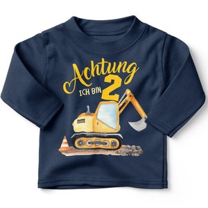 Mikalino Baby / Kinder Longsleeve mit Spruch Achtung ich bin Zwei 2 Bagger Schaufelbagger Langarm Geschenkidee navy