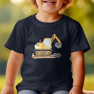 Kinder T-Shirt mit Bagger-Motiv, Gelber Bagger Druck, Jungen Baumwollshirt, Geschenk für Kleinkinder, Baustellen-Shirt, Spielzeugmotiv Navy