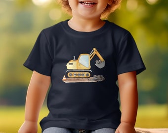 Kinder T-Shirt mit Bagger-Motiv, Gelber Bagger Druck, Jungen Baumwollshirt, Geschenk für Kleinkinder, Baustellen-Shirt, Spielzeugmotiv