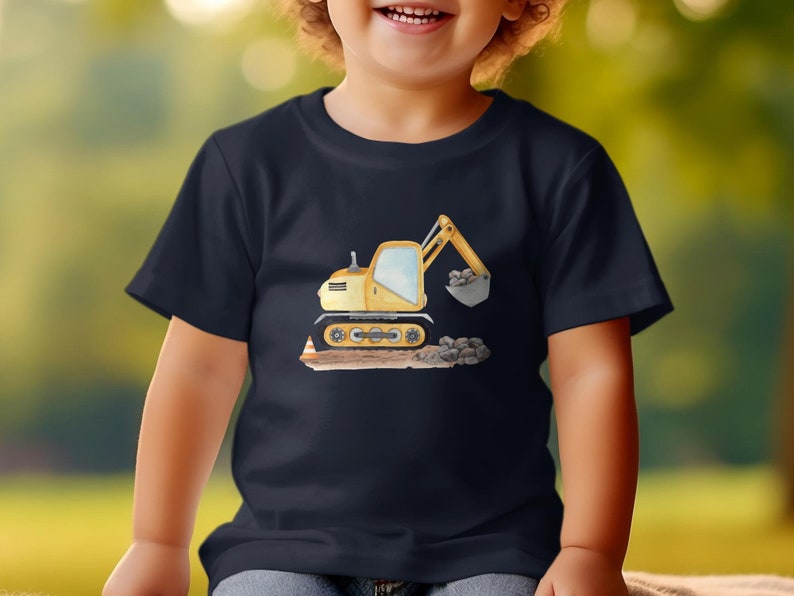 Kinder T-Shirt mit Bagger-Motiv, Gelber Bagger Druck, Jungen Baumwollshirt, Geschenk für Kleinkinder, Baustellen-Shirt, Spielzeugmotiv Navy