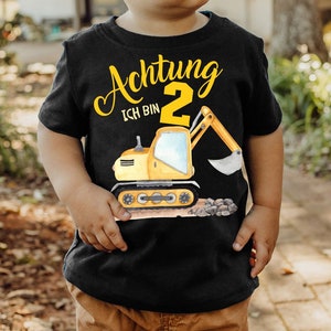 Mikalino Baby / Kinder T-Shirt mit Spruch Achtung ich bin Zwei 2 Bagger Schaufelbagger Kurzarm Geschenkidee Bild 1