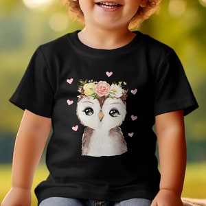 Kinder T-Shirt mit niedlicher Eule, Blumenkranz Motiv, Geschenk für Mädchen, Baumwolle, Größen 92-128 Bild 6