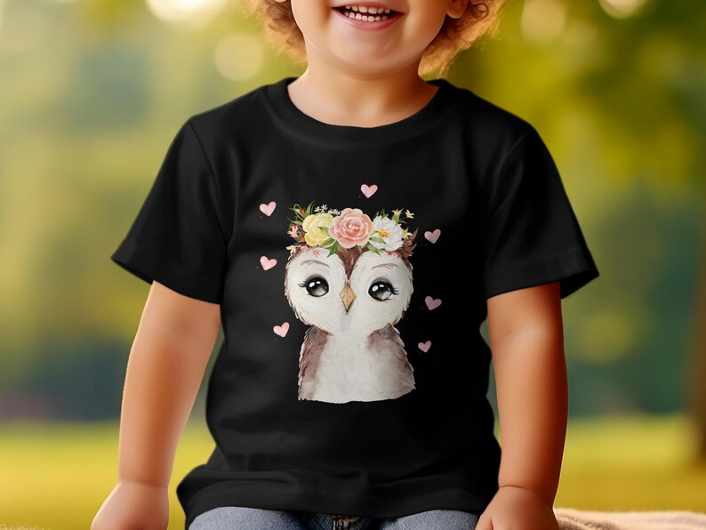 Kinder T-Shirt mit niedlicher Eule, Blumenkranz Motiv, Geschenk für Mädchen, Baumwolle, Größen 92-128 Bild 6