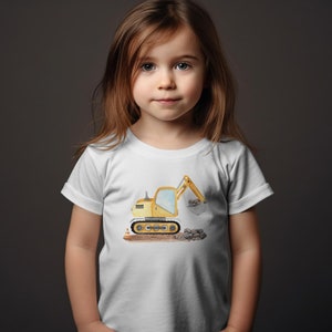 Kinder T-Shirt mit Bagger-Motiv, Gelber Bagger Druck, Jungen Baumwollshirt, Geschenk für Kleinkinder, Baustellen-Shirt, Spielzeugmotiv White