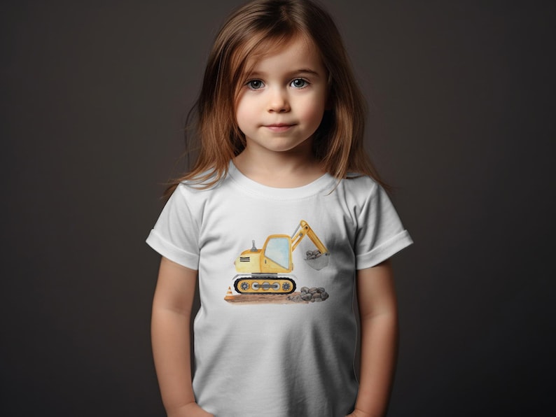 Kinder T-Shirt mit Bagger-Motiv, Gelber Bagger Druck, Jungen Baumwollshirt, Geschenk für Kleinkinder, Baustellen-Shirt, Spielzeugmotiv White