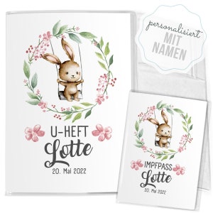 Mikalino Hülle für U-Heft und Impfpass Set 3-teilig personalisiert Niedlicher Hase auf einer Schaukel  (Name, Datum) Untersuchungsheft