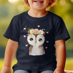 Kinder T-Shirt mit niedlicher Eule, Blumenkranz Motiv, Geschenk für Mädchen, Baumwolle, Größen 92-128 Bild 5