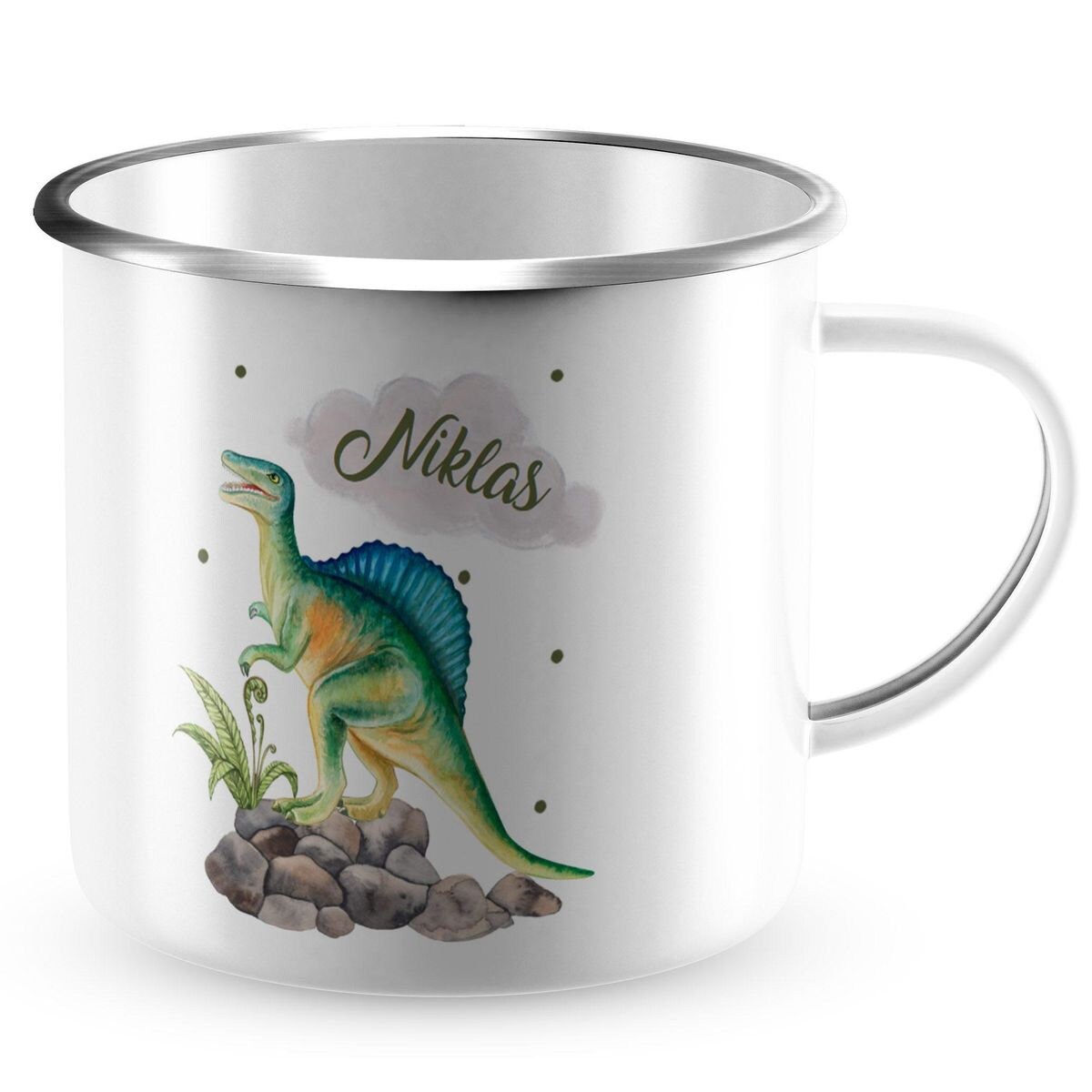 MiKalino Emaille-Tasse Personalisiert Mit Dino-Motiv & Name - Kindertasse Für Jungs, 300 Ml, 8 Cm