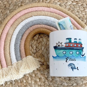Mikalino Kinder Spardose Buntes Schiff personalisiert mit Wunschname Geschenke Geschenkideen Sparschwein