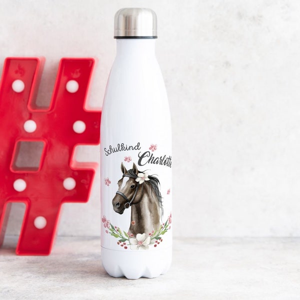 Kinder Edelstahl Trinkflasche Schulkind schwarzes Pferd mit Blumenranke und Wunschname Einschulung Geschenk Schulanfänger Thermosflasche