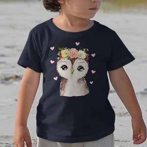 Kinder T-Shirt mit niedlicher Eule, Blumenkranz Motiv, Geschenk für Mädchen, Baumwolle, Größen 92-128 Bild 10