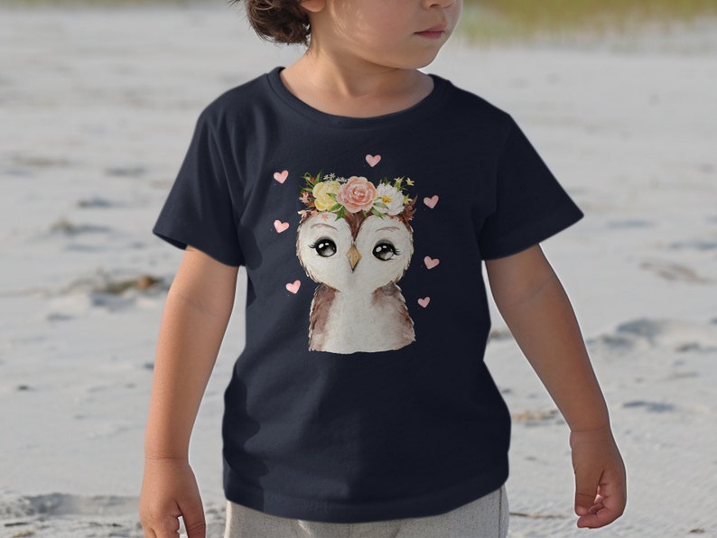 Kinder T-Shirt mit niedlicher Eule, Blumenkranz Motiv, Geschenk für Mädchen, Baumwolle, Größen 92-128 Bild 10