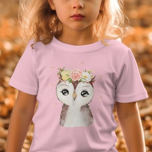 Kinder T-Shirt mit niedlicher Eule, Blumenkranz Motiv, Geschenk für Mädchen, Baumwolle, Größen 92-128 Bild 1